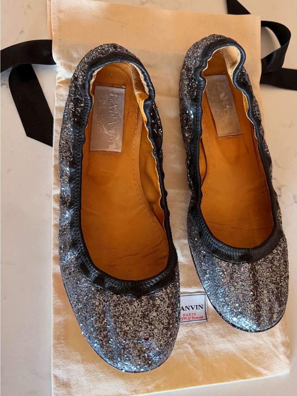 Authentic Lanvin Silver Sparkle Elasticized Leather Ballet Flats 39.5